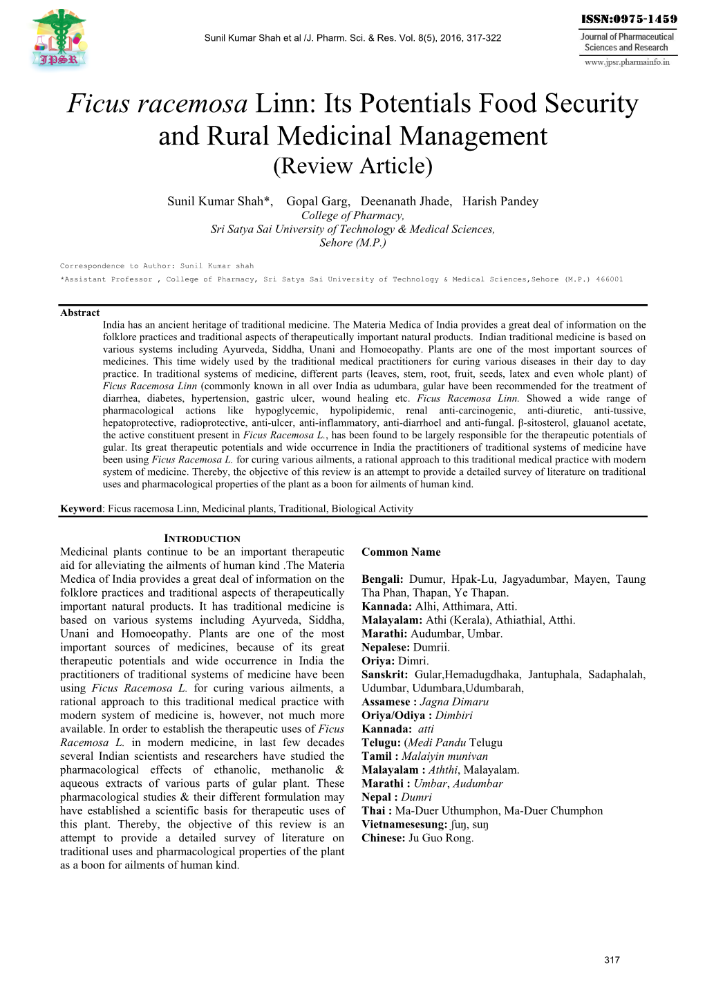 Ficus Racemosa Linn: Its Potentials Food Security and Rural Medicinal Management (Review Article)