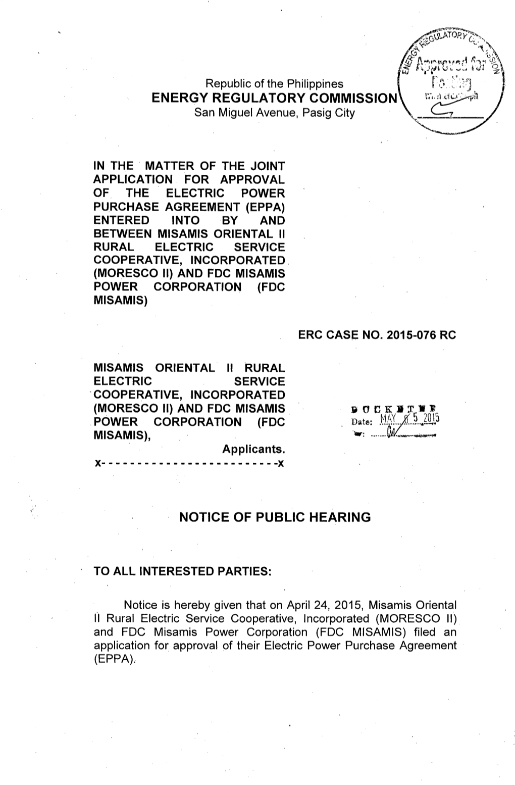 NPH, ERC Case No. 2015-076 RC