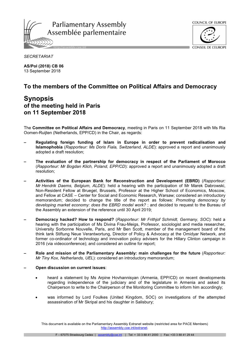 Synopsis of the Meeting Held in Paris on 11 September 2018