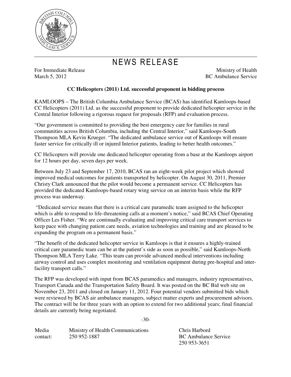 NEWS RELEASE for Immediate Release Ministry of Health March 5, 2012 BC Ambulance Service