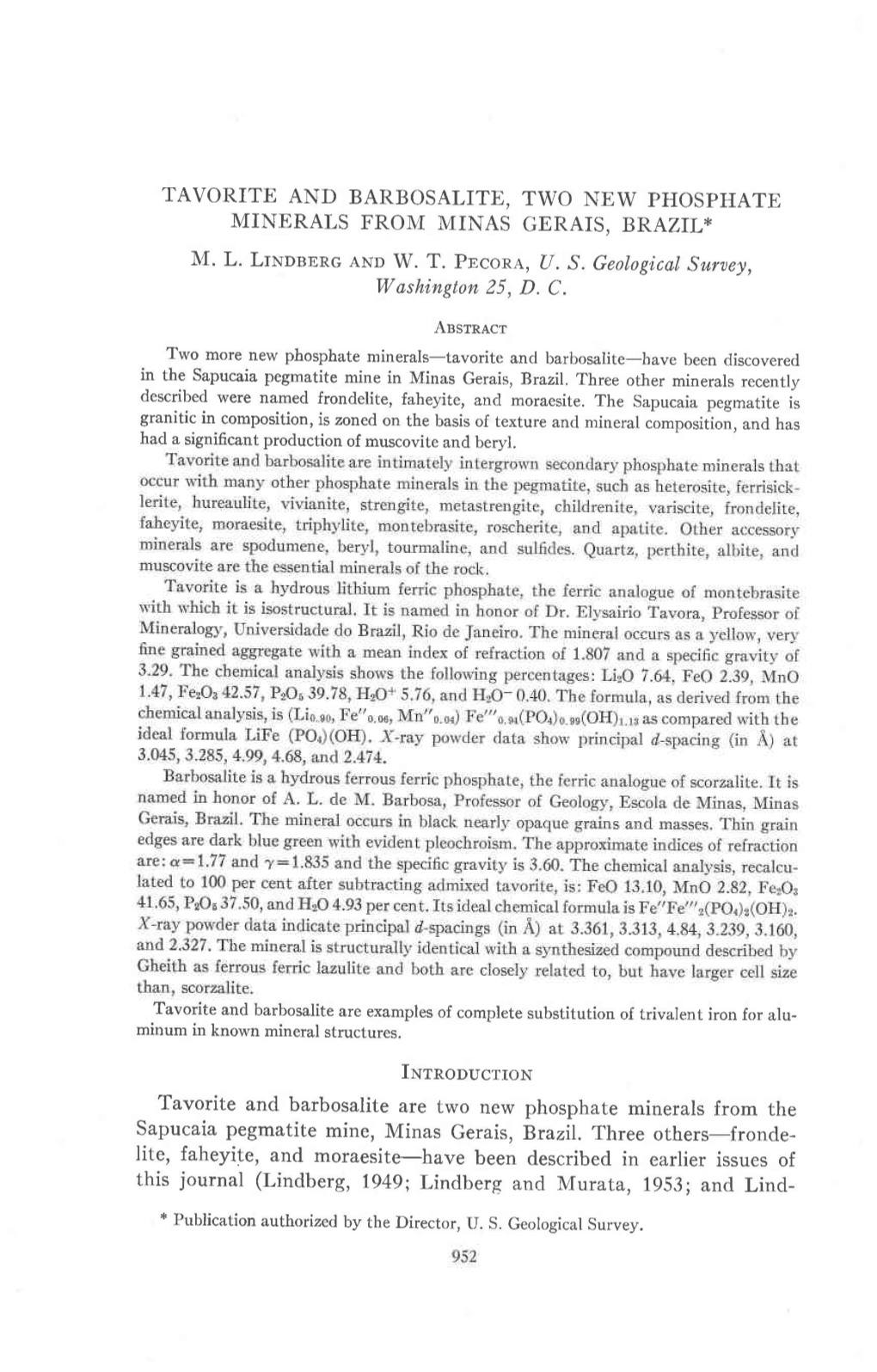 Tavorite and Barbosalite, Two New Phosphate Minerals Froi,{ Minas Gerais, Brazil*