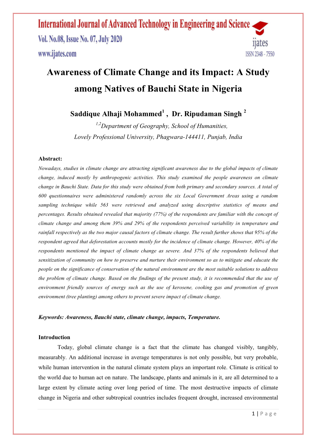Awareness of Climate Change and Its Impact: a Study Among Natives of Bauchi State in Nigeria