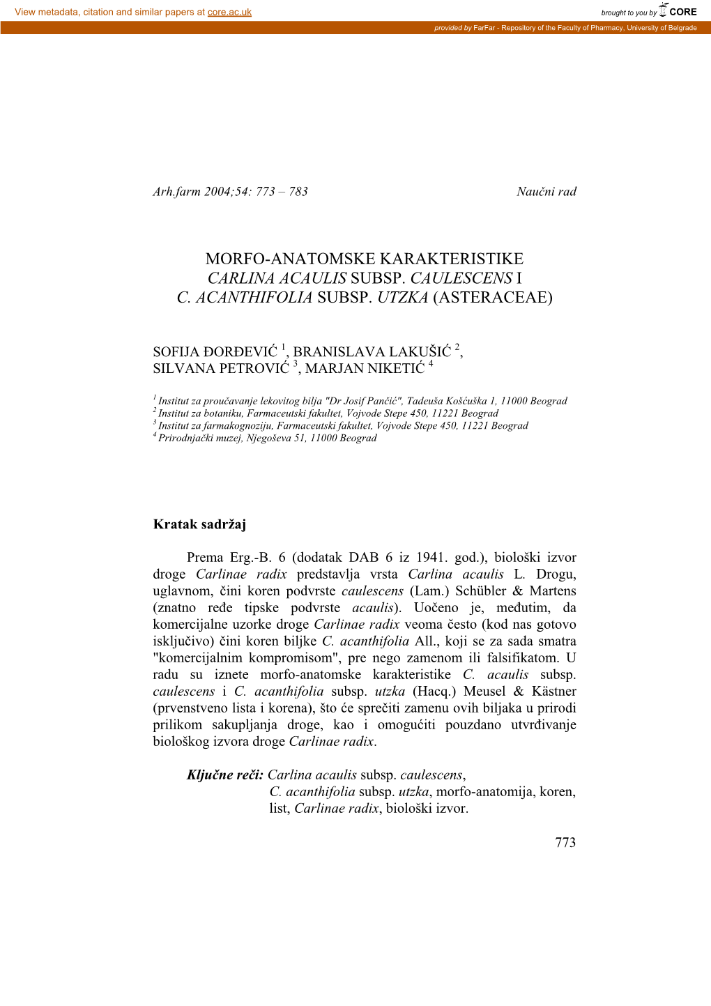 Morfo-Anatomske Karakteristike Carlina Acaulis Subsp