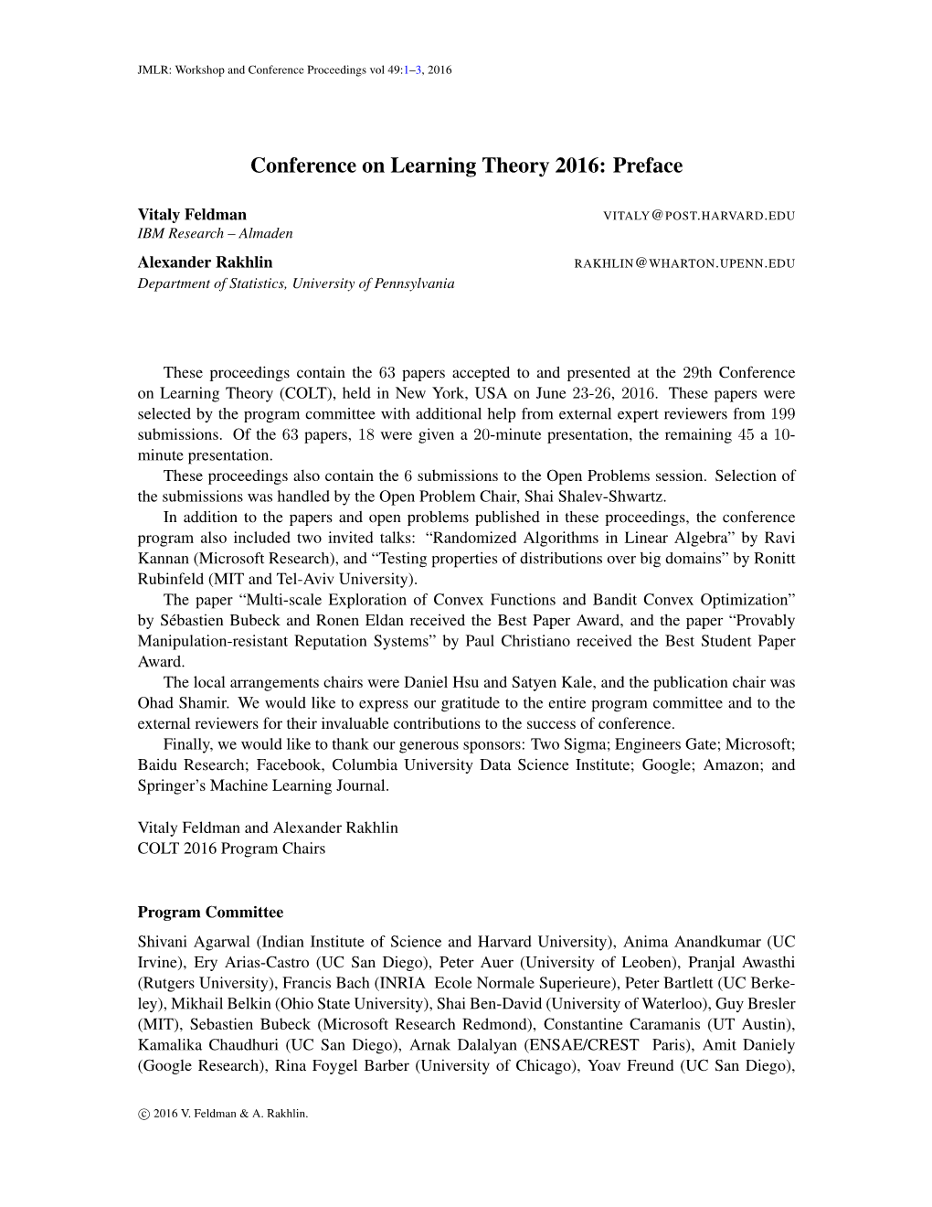 Conference on Learning Theory 2016: Preface