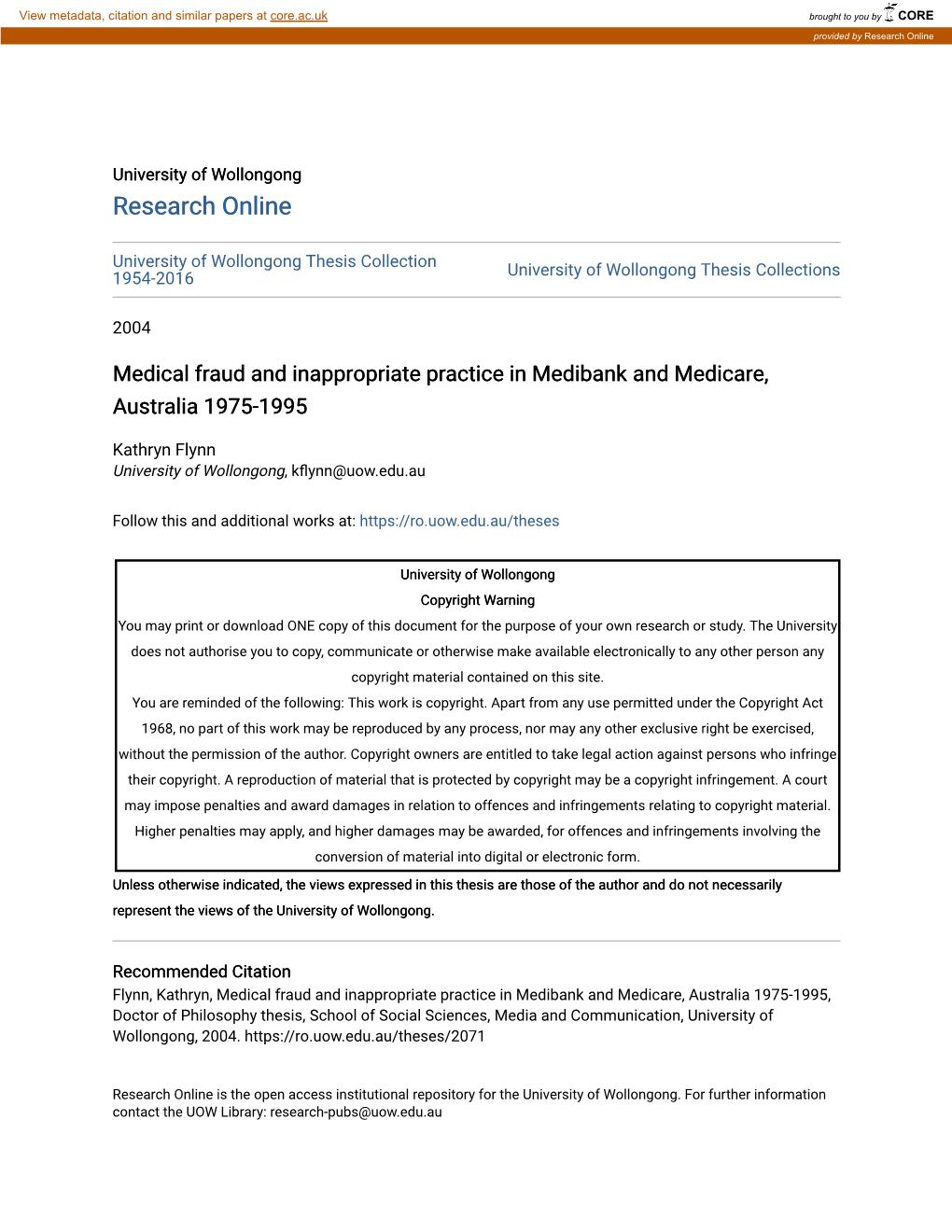 Medical Fraud and Inappropriate Practice in Medibank and Medicare, Australia 1975-1995