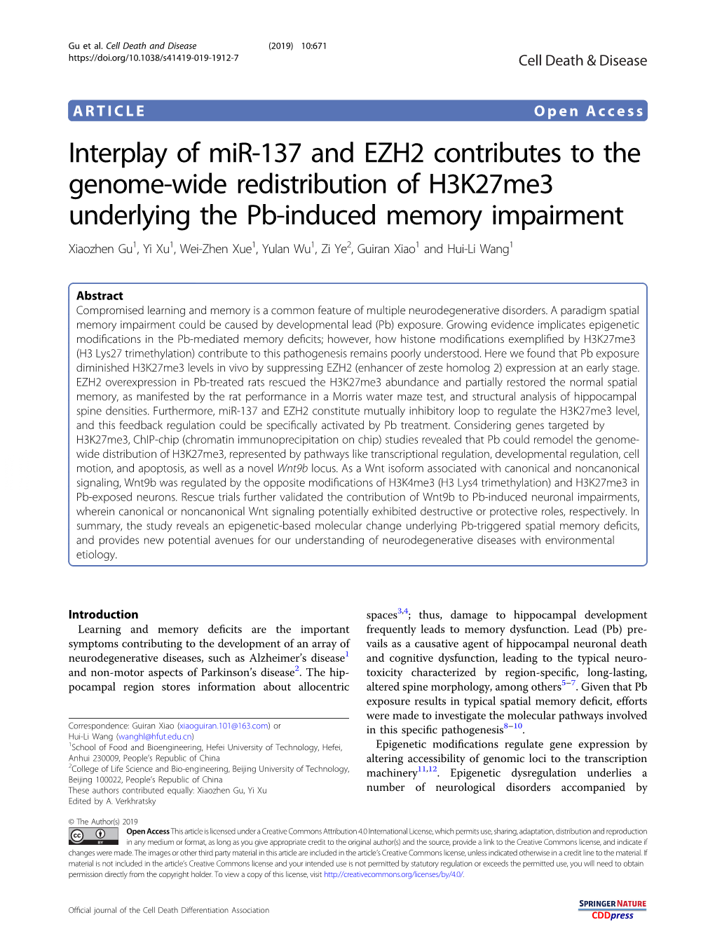 Interplay of Mir-137 and EZH2 Contributes to the Genome