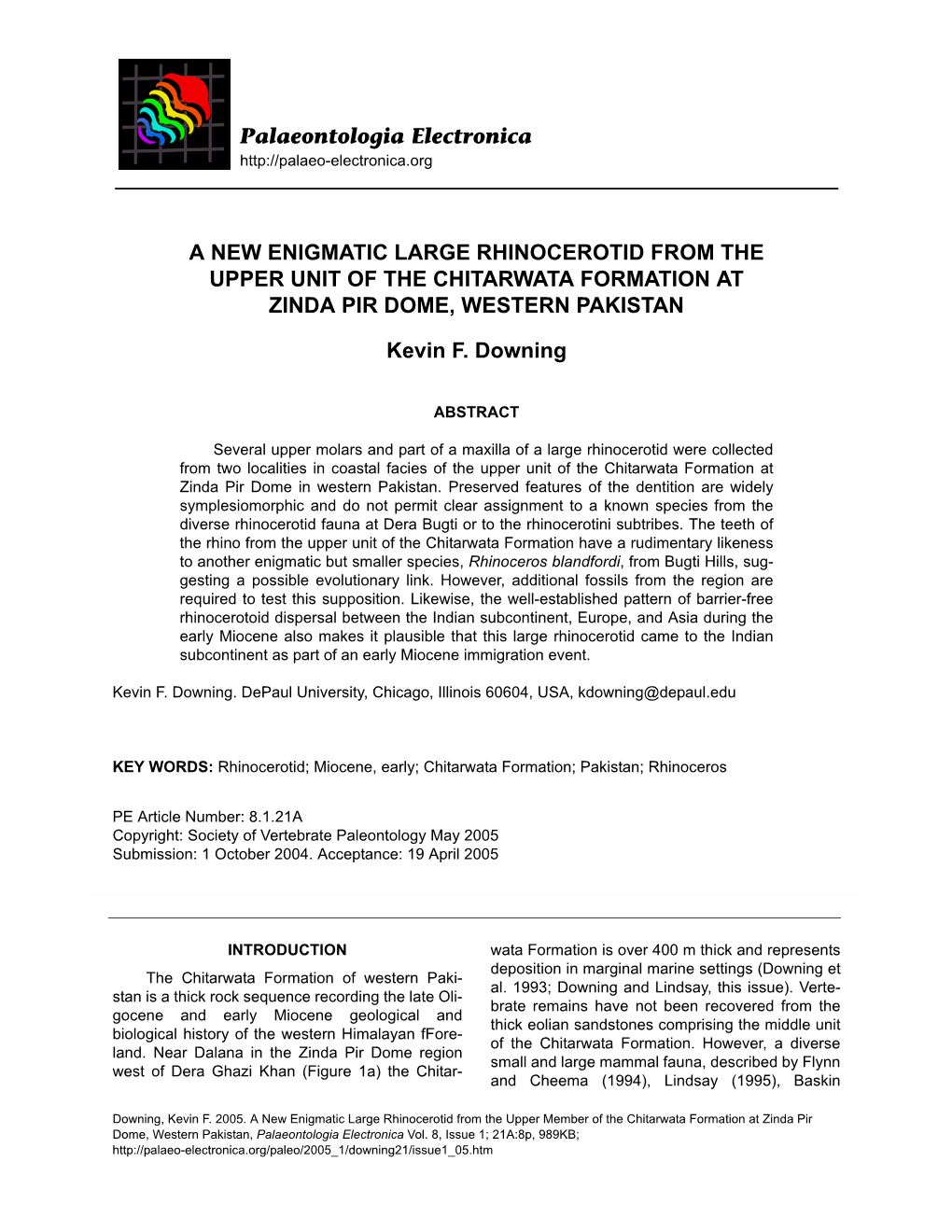 A New Enigmatic Large Rhinocerotid from the Upper Member of the Chitarwata Formation at Zinda Pir Dome, Western Pakistan, Palaeontologia Electronica Vol