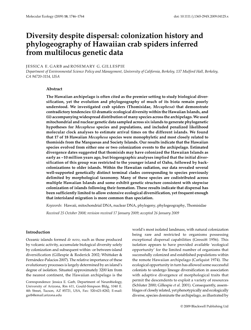 Colonization History and Phylogeography of Hawaiian Crab Spiders Inferred from Multilocus Genetic Data