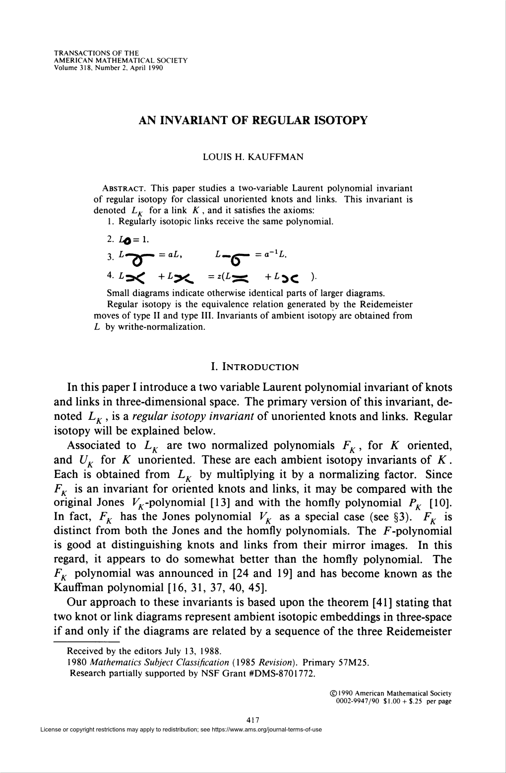 An Invariant of Regular Isotopy