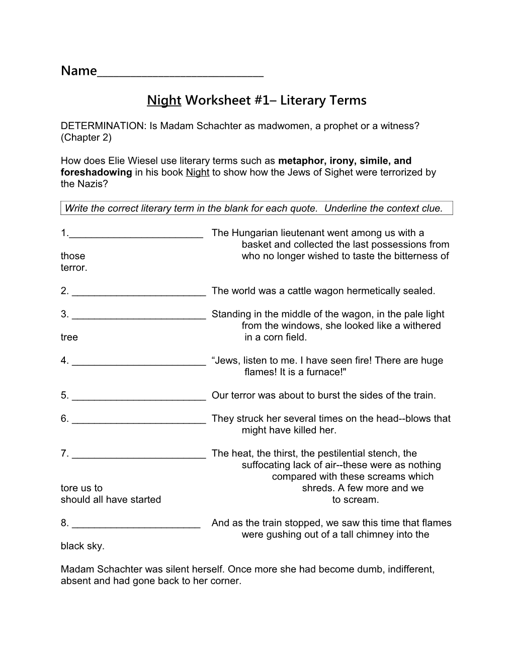 Night Worksheet #1– Literary Terms