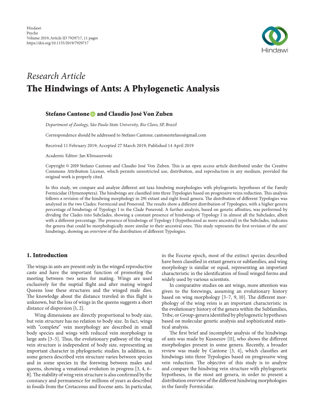 Research Article the Hindwings of Ants: a Phylogenetic Analysis