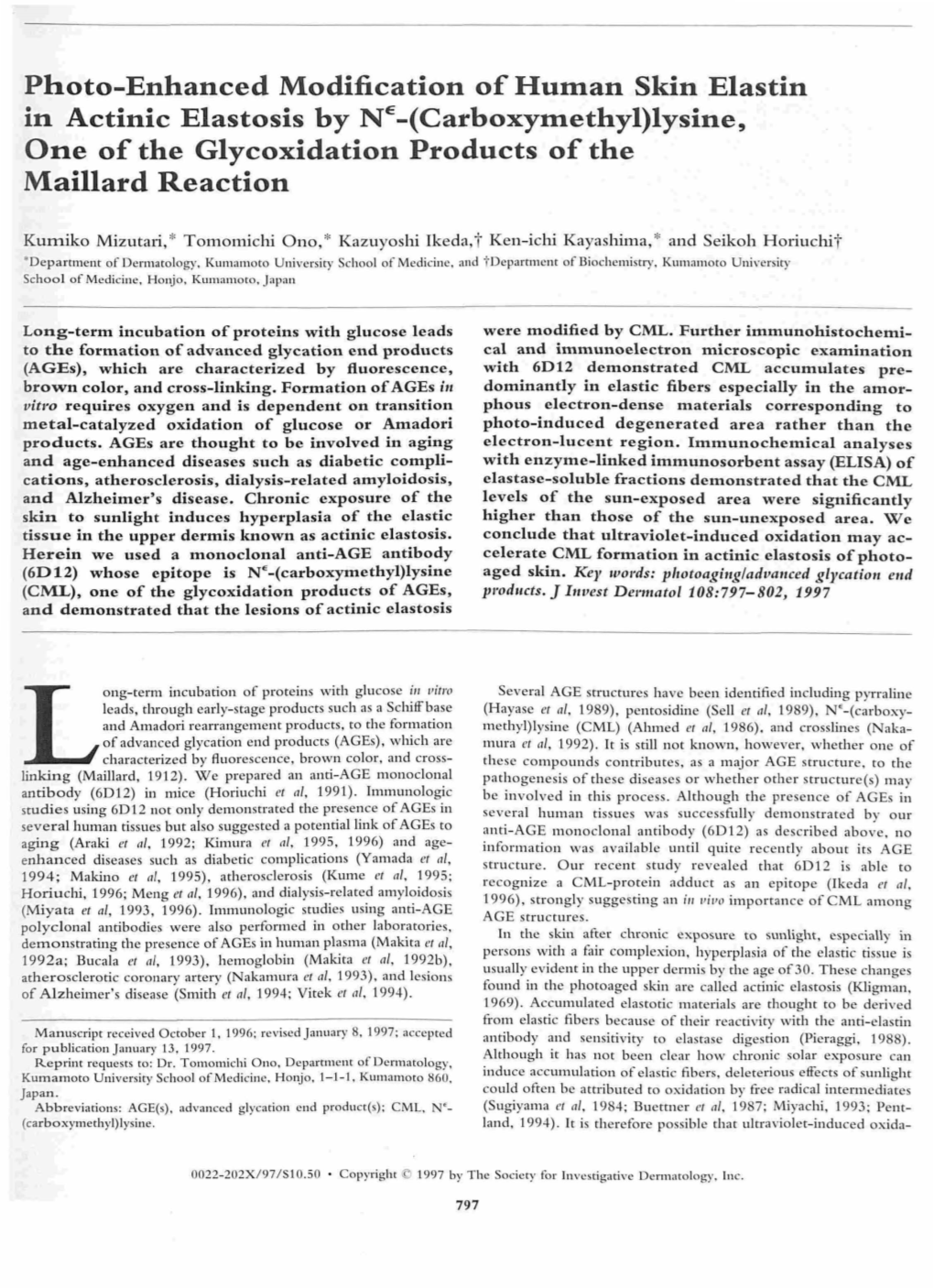 Photo-Enhanced Modification of Human Skin Elastin in Actinic Elastosis by NE-(Carboxymethyl)Lysine, One of the Glycoxidation Products of the Maillard Reaction