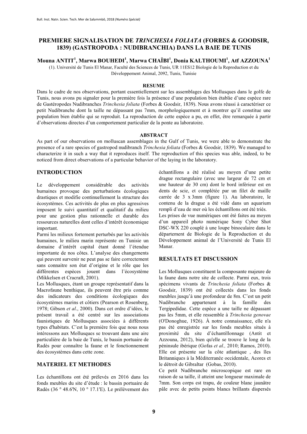 Premiere Signalisation De Trinchesia Foliata (Forbes & Goodsir, 1839) (Gastropoda : Nudibranchia) Dans La Baie De Tunis