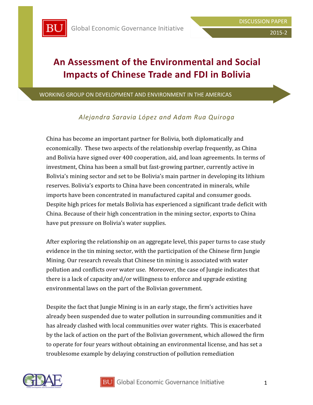 An Assessment of the Environmental and Social Impacts of Chinese Trade and FDI in Bolivia