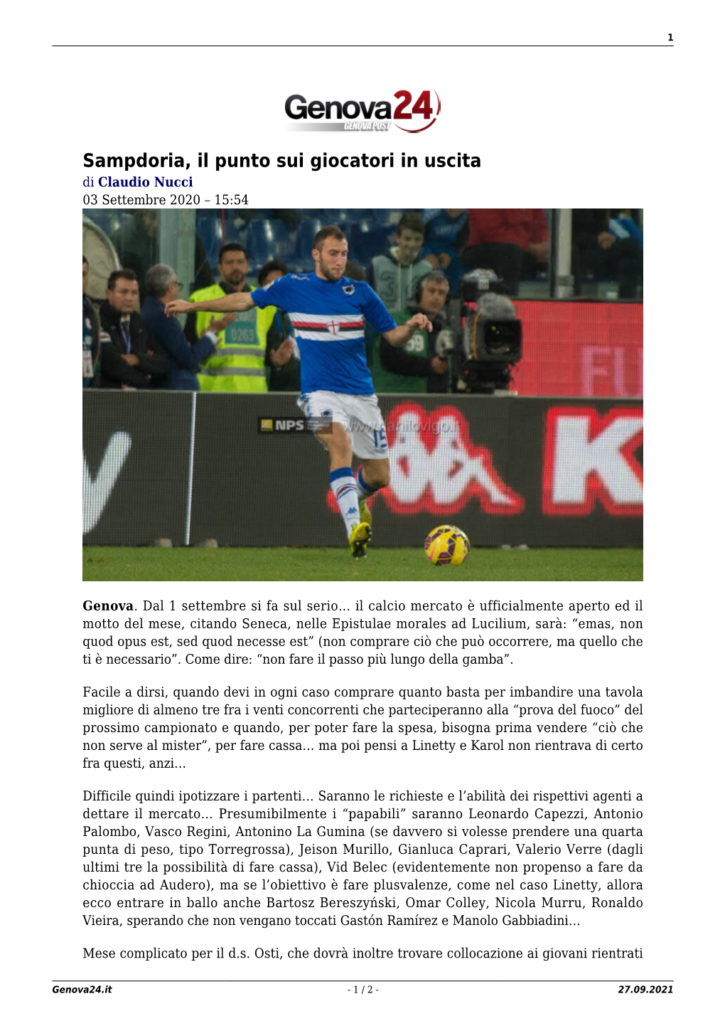 Sampdoria, Il Punto Sui Giocatori in Uscita Di Claudio Nucci 03 Settembre 2020 – 15:54