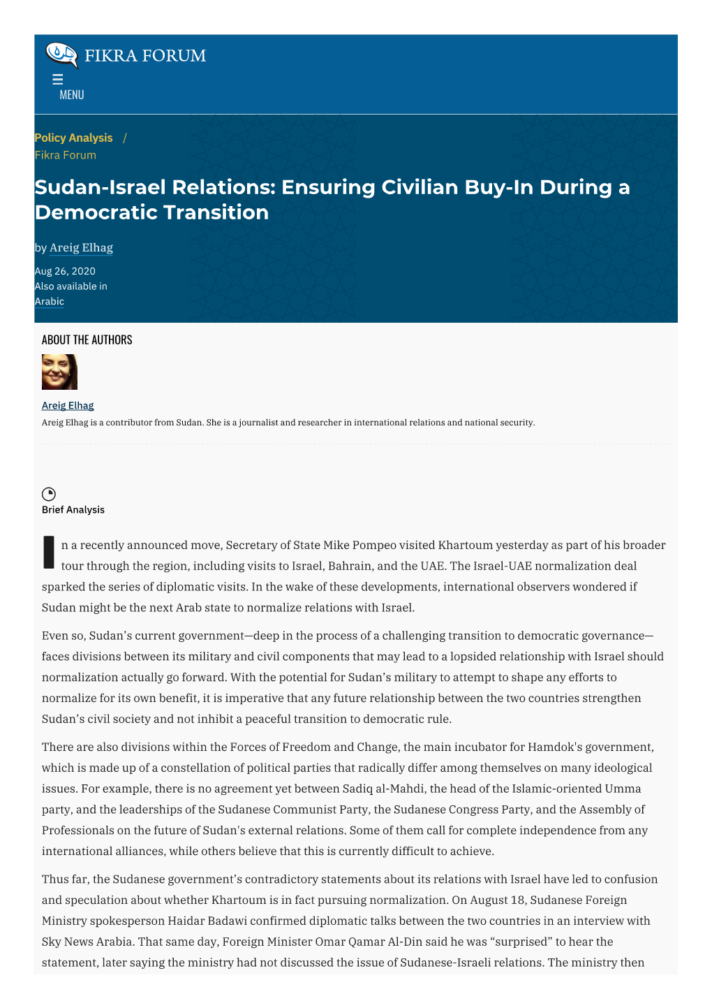 Sudan-Israel Relations: Ensuring Civilian Buy-In During a Democratic Transition by Areig Elhag