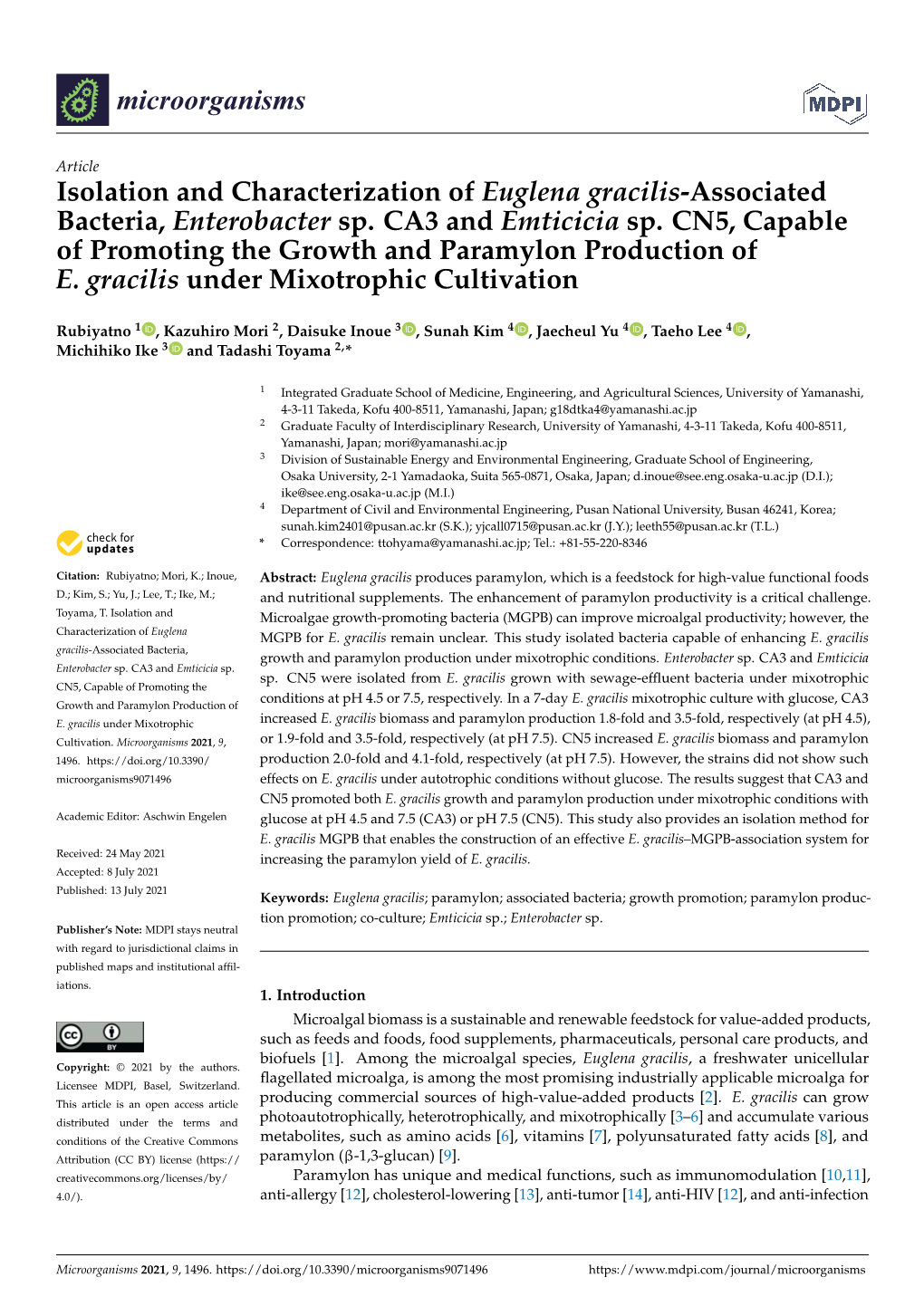 Isolation and Characterization of Euglena Gracilis-Associated Bacteria, Enterobacter Sp. CA3 and Emticicia Sp. CN5, Capable of P