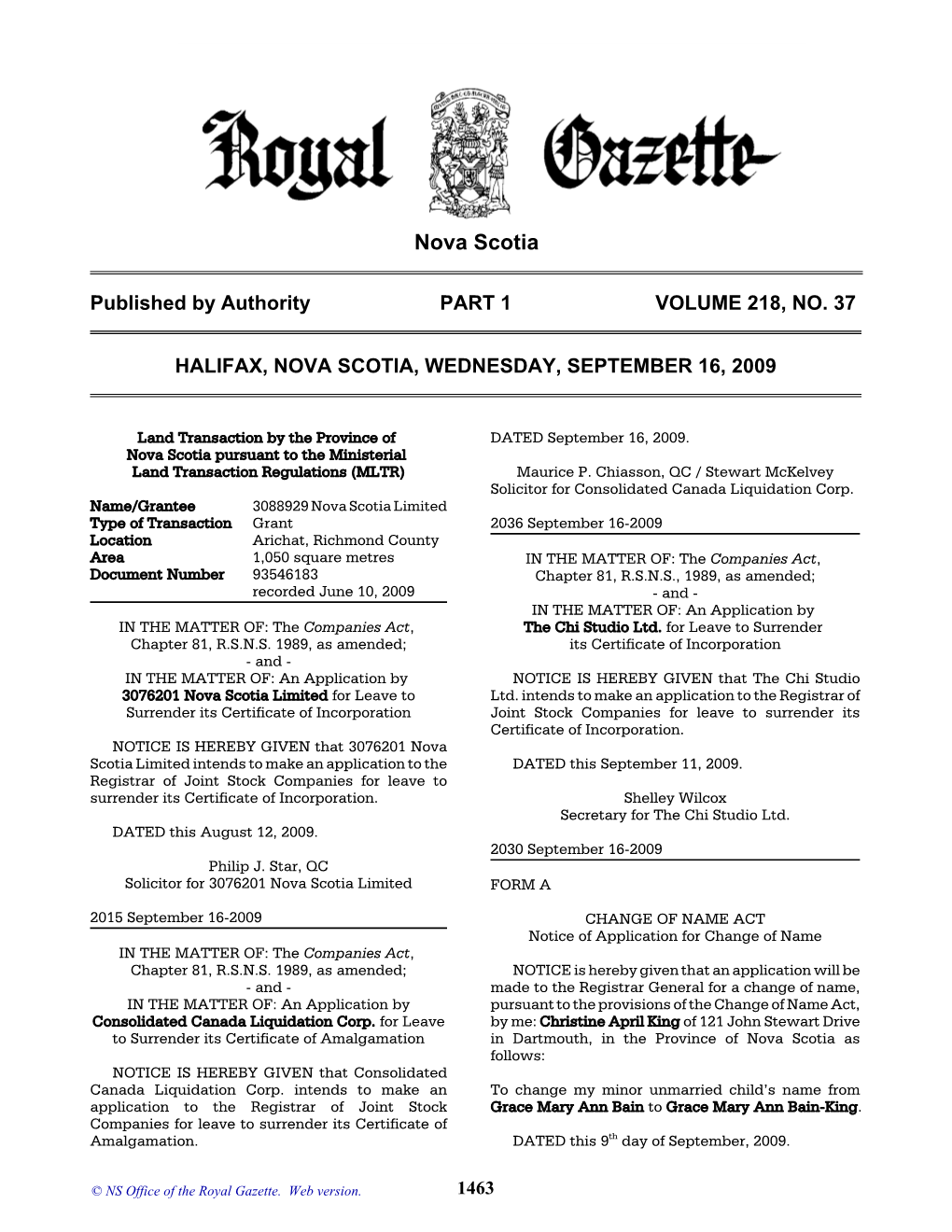 NS Royal Gazette Part I