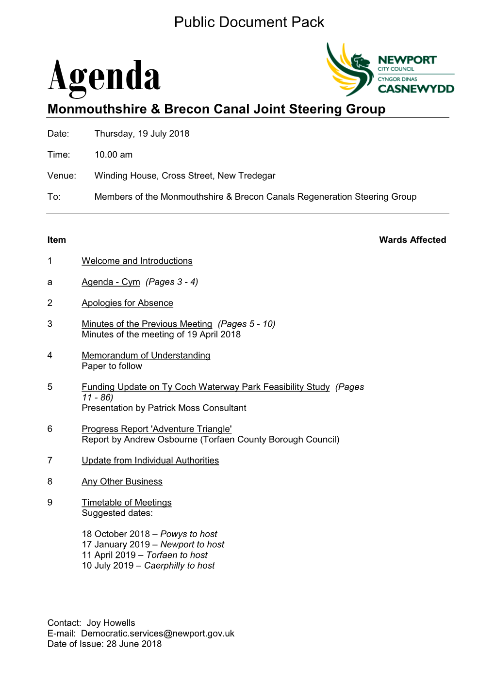 (Public Pack)Agenda Document for Monmouthshire & Brecon Canal Joint Steering Group, 19/07/2018 10:00