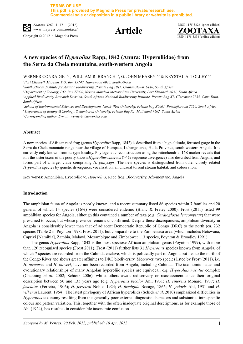 A New Species of Hyperolius Rapp, 1842 (Anura: Hyperoliidae) from the Serra Da Chela Mountains, South-Western Angola