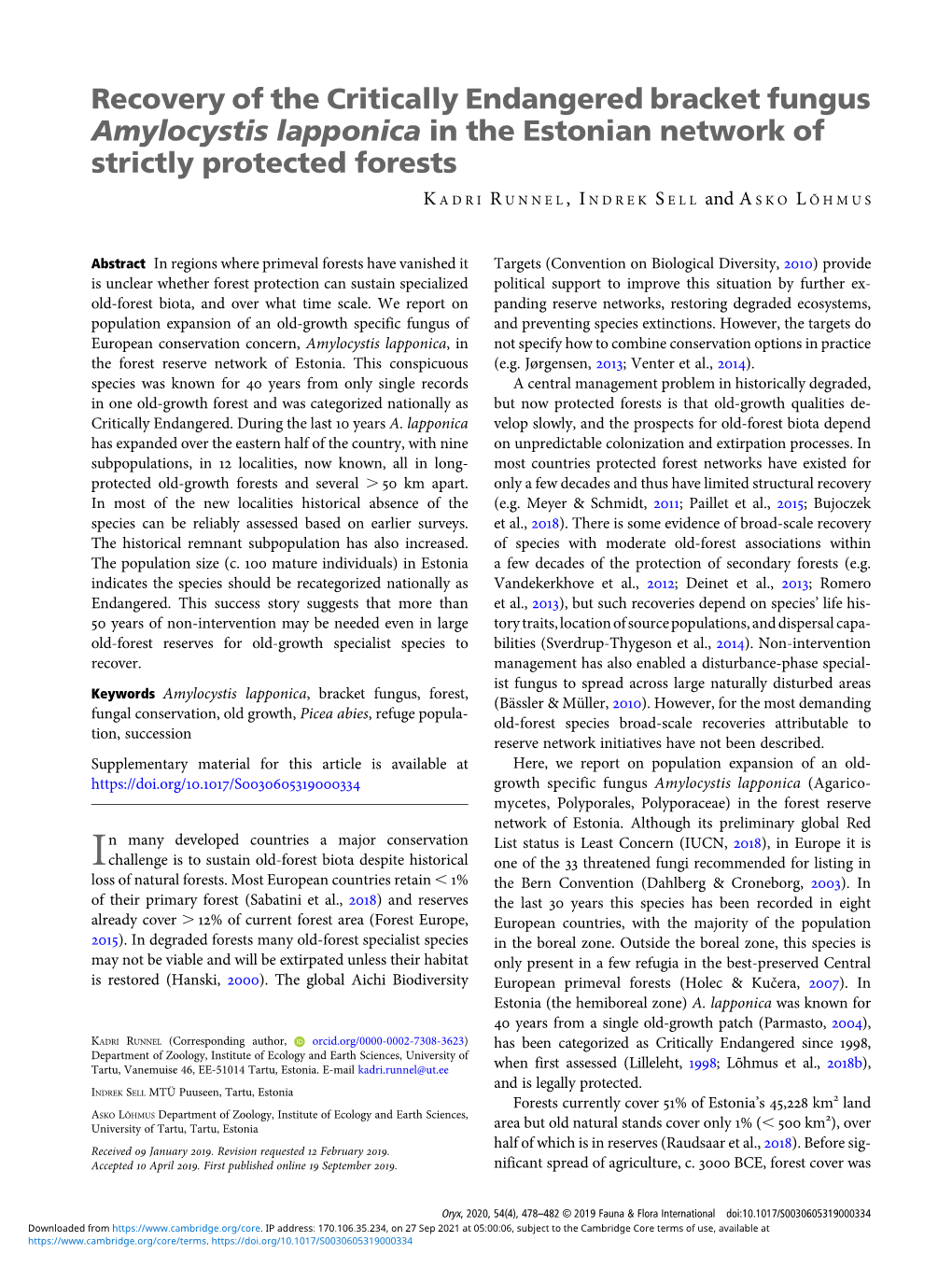 Recovery of the Critically Endangered Bracket Fungus Amylocystis Lapponica in the Estonian Network of Strictly Protected Forests