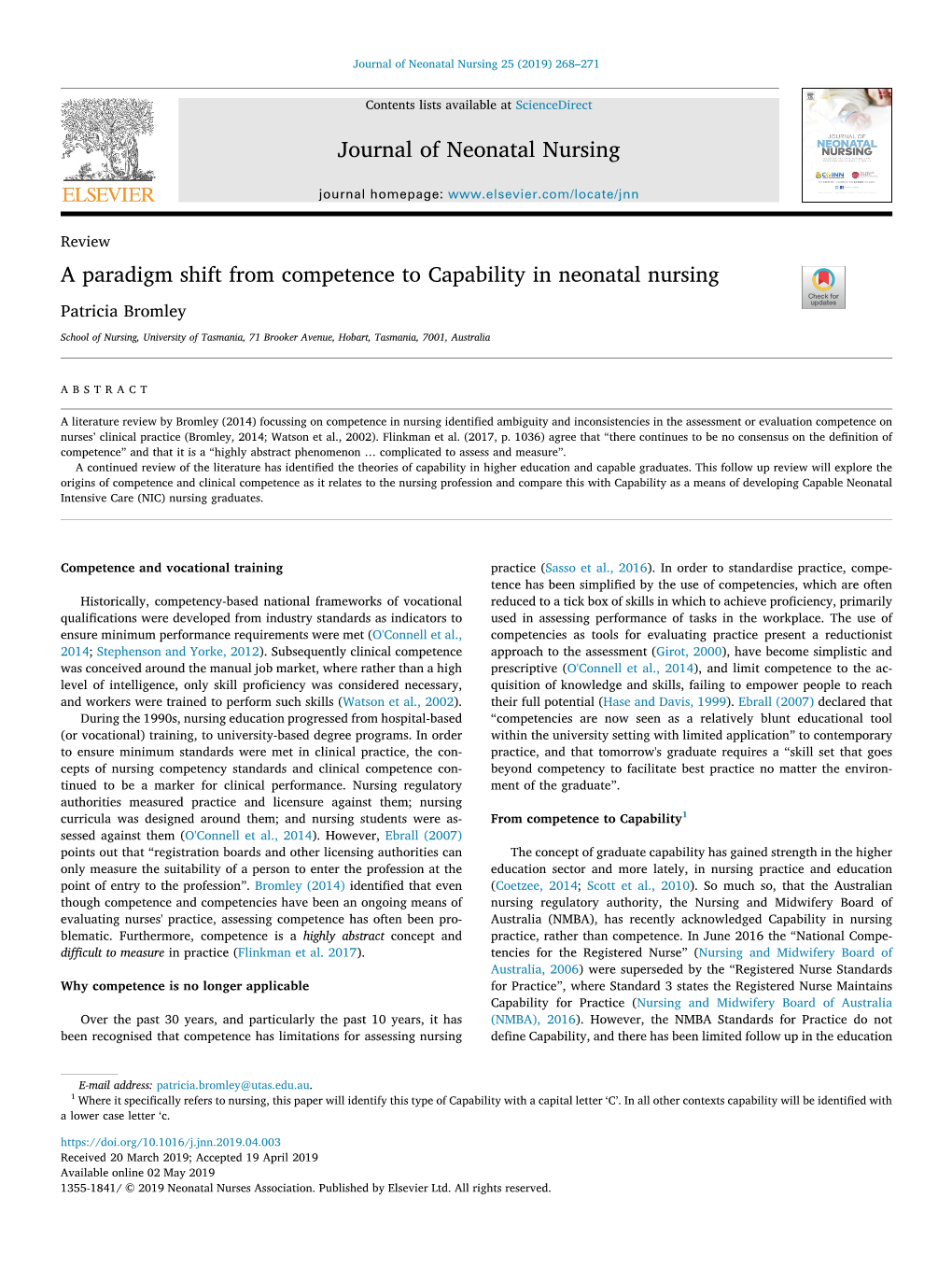 A Paradigm Shift from Competence to Capability in Neonatal Nursing T Patricia Bromley