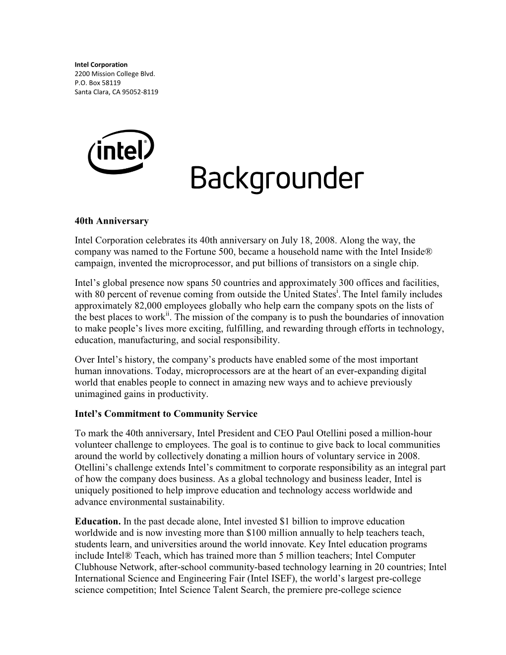 Intel 40Th Anniversary Backgrounder