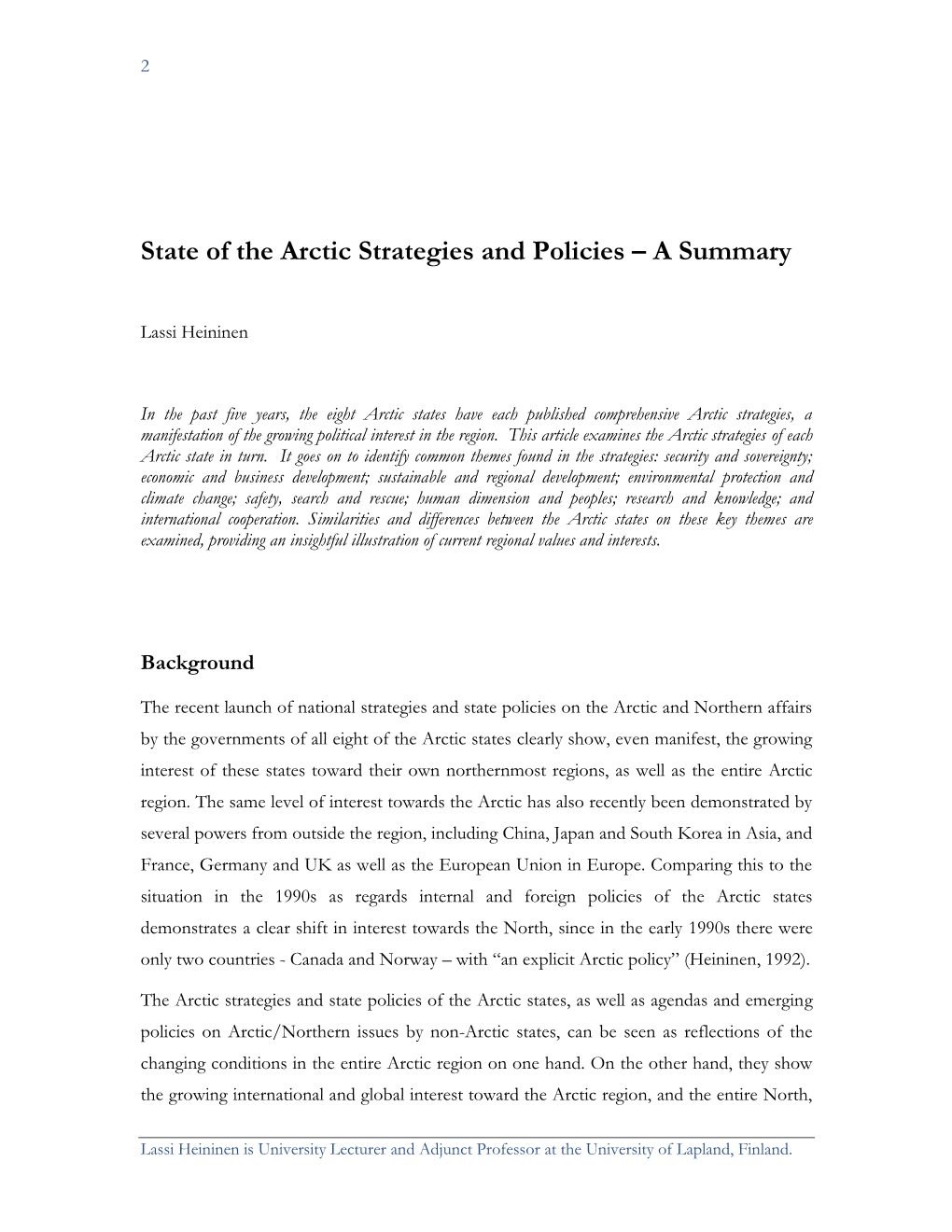 State of the Arctic Strategies and Policies – a Summary