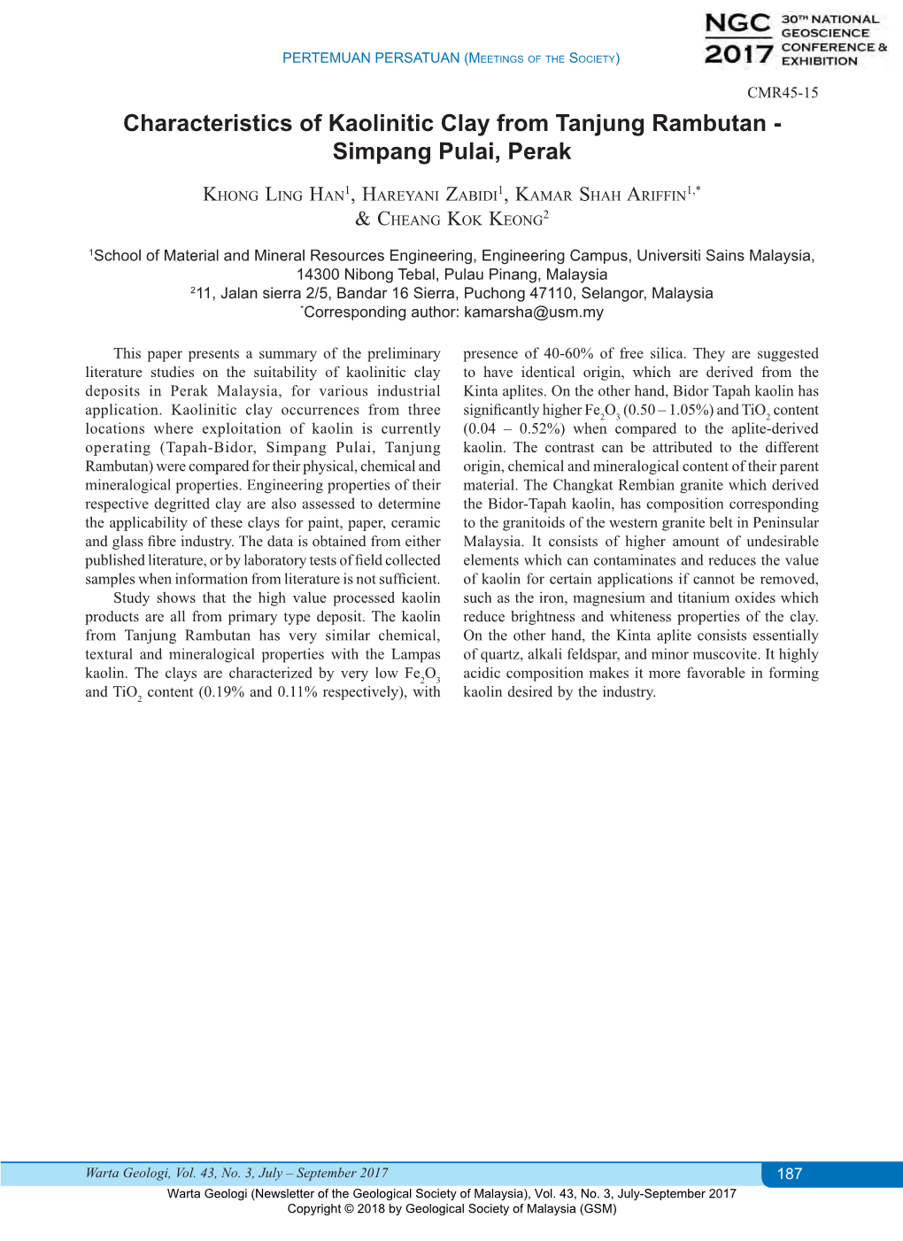 Abstract: Characteristics of Kaolinitic Clay from Tanjung Rambutan