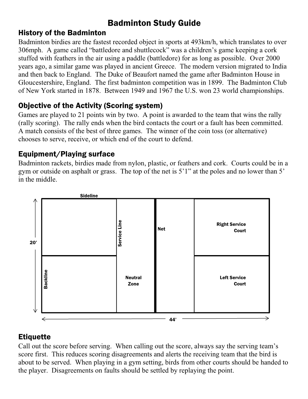 Badminton Study Guide History of the Badminton Badminton Birdies Are the Fastest Recorded Object in Sports at 493Km/H, Which Translates to Over 306Mph