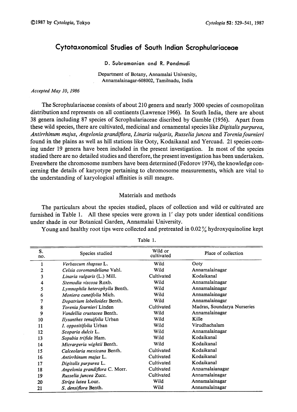 Cytotaxonomical Studies of South Indian Scrophulariaceae D