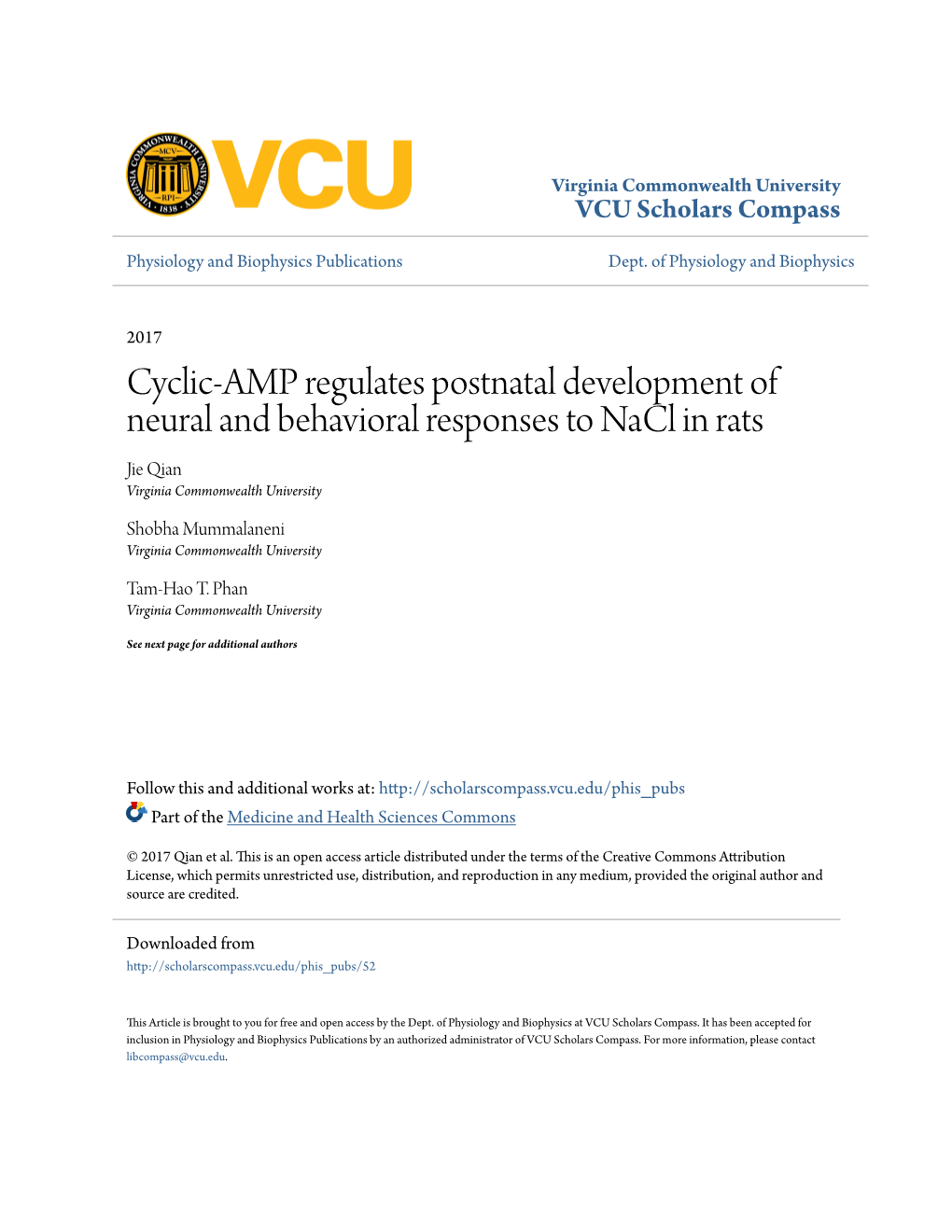 Cyclic-AMP Regulates Postnatal Development of Neural and Behavioral Responses to Nacl in Rats Jie Qian Virginia Commonwealth University