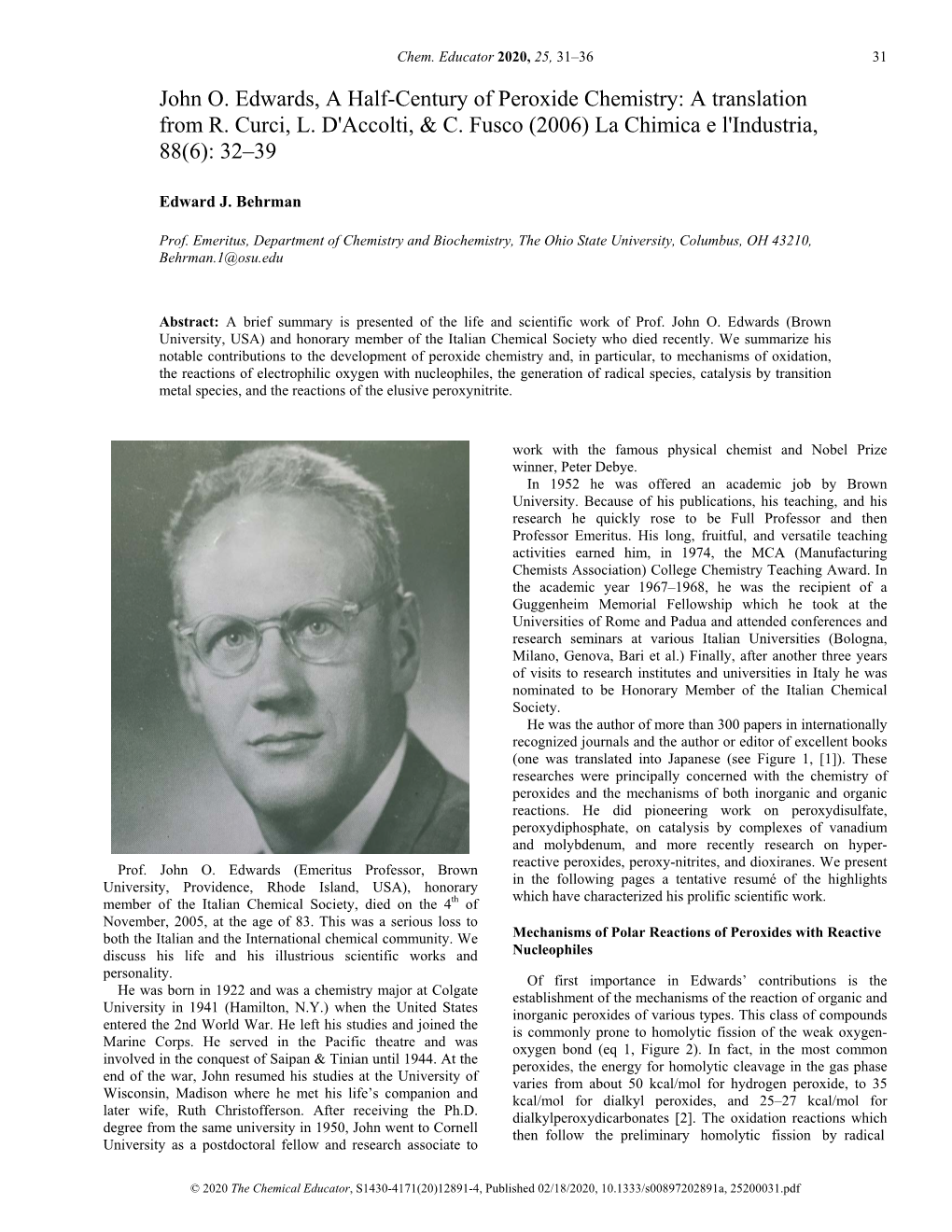 John O. Edwards, a Half-Century of Peroxide Chemistry: a Translation from R