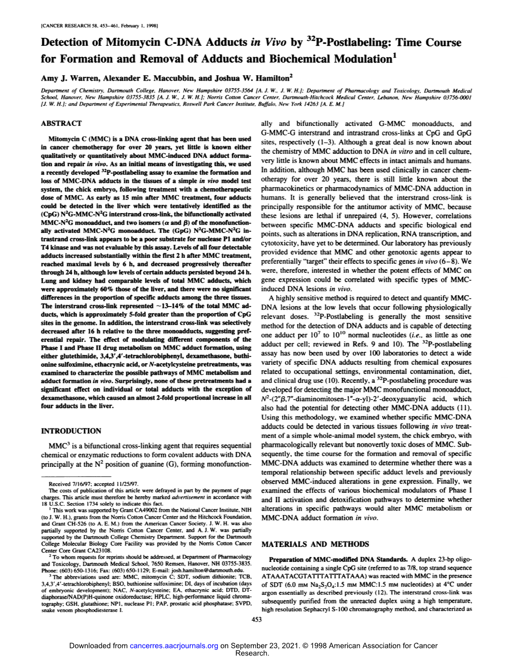 Detection of Mitomycin C-DNA Adducts in Vivo by 32P-Postlabeling: Time Course for Formation and Removal of Adducts and Biochemical Modulation1