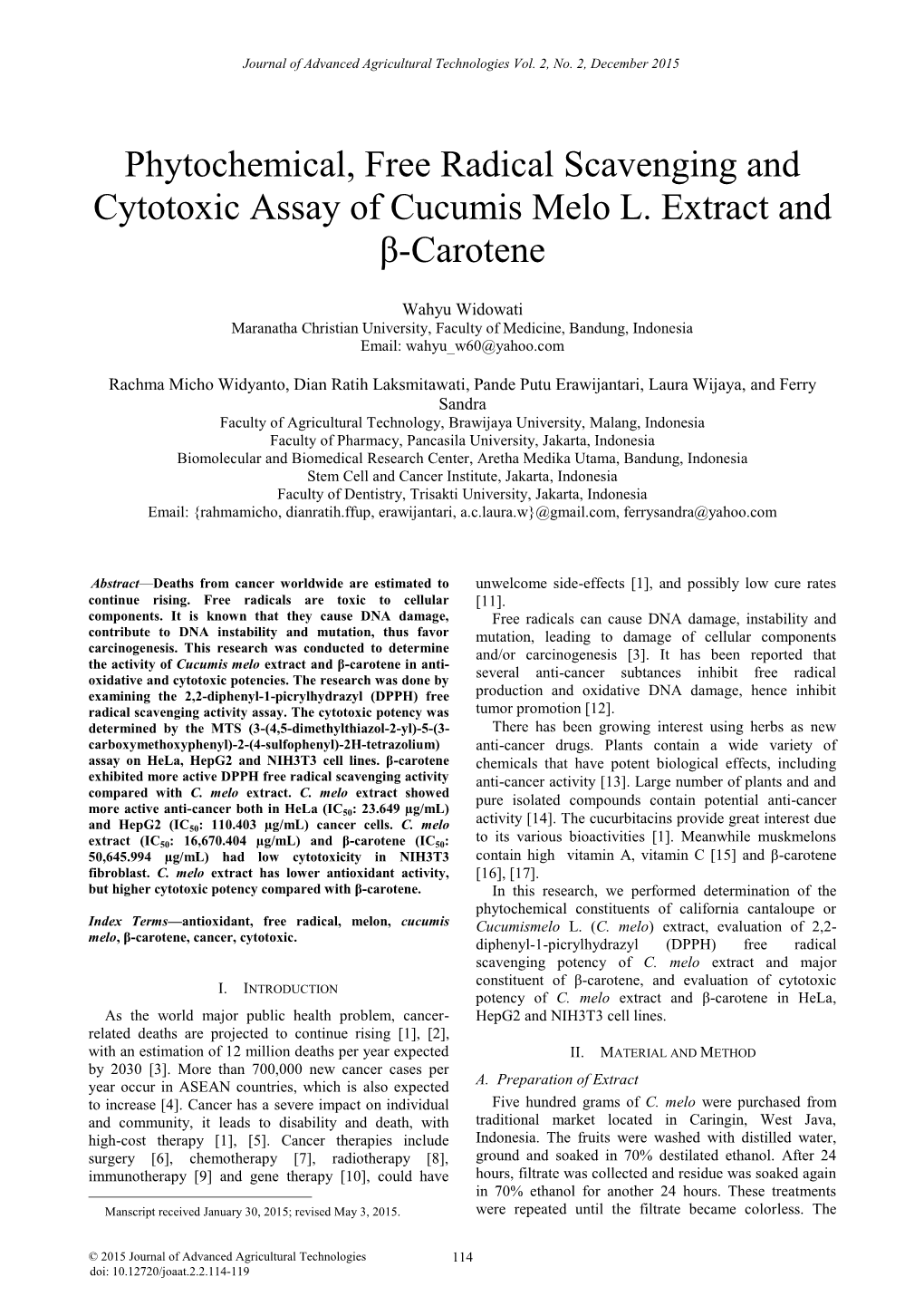 Phytochemical, Free Radical Scavenging and Cytotoxic Assay of Cucumis Melo L. Extract and Β-Carotene