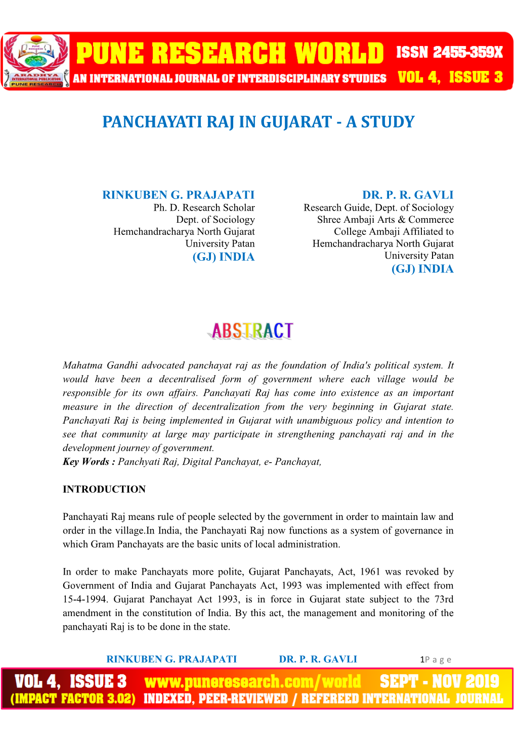 Panchayati Raj in Gujarat - a Study