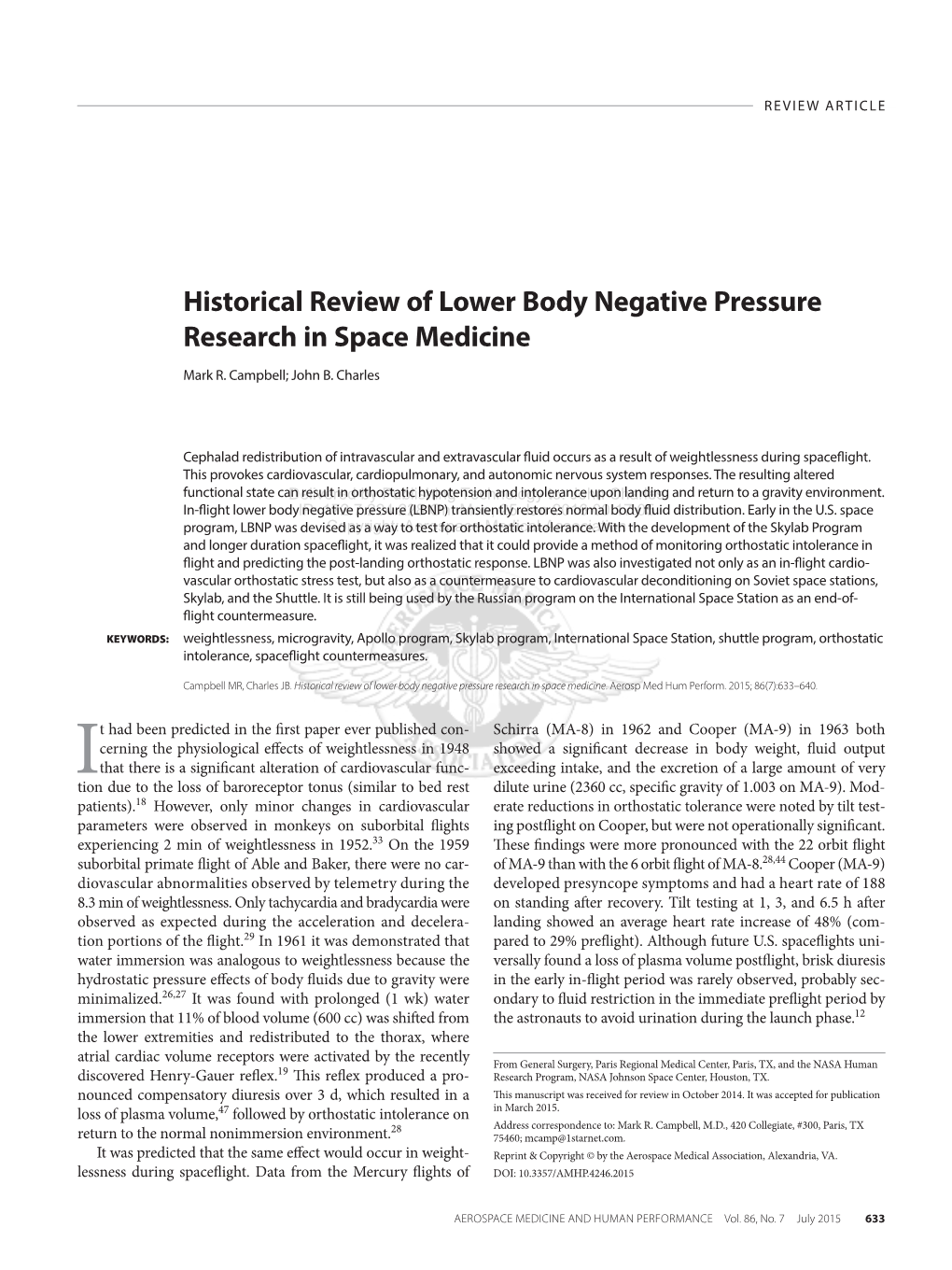 Historical Review of Lower Body Negative Pressure Research in Space Medicine