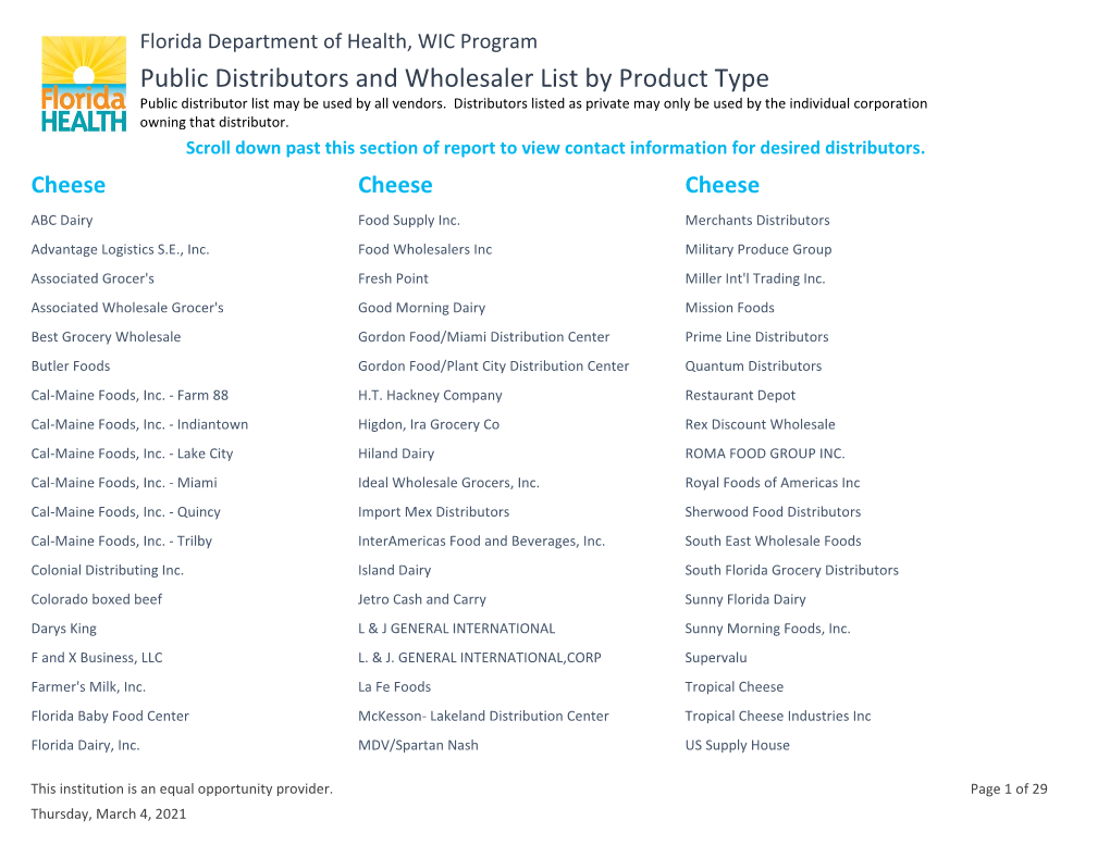 Public Distributors and Wholesaler List by Product Type Public Distributor List May Be Used by All Vendors