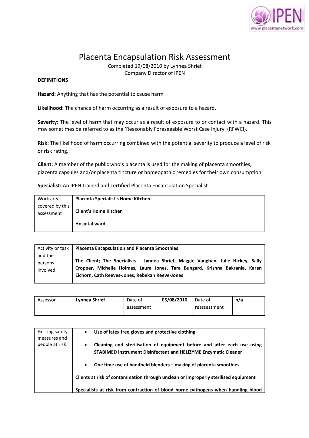 Placenta Encapsulation Risk Assessment