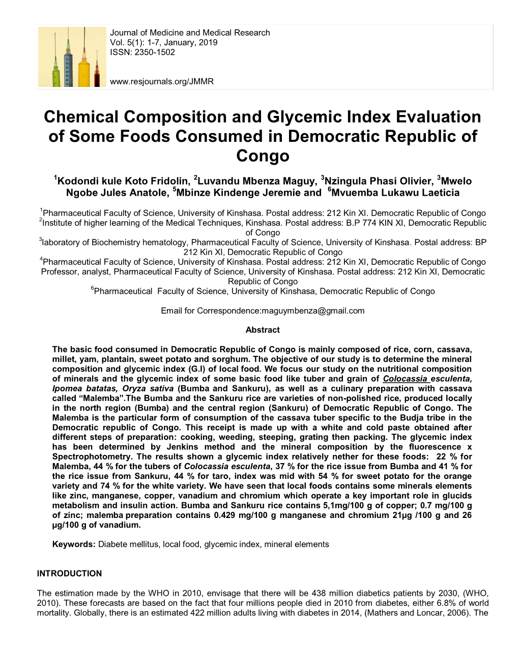 Chemical Composition and Glycemic Index Evaluation of Some Foods Consumed in Democratic Republic of Congo