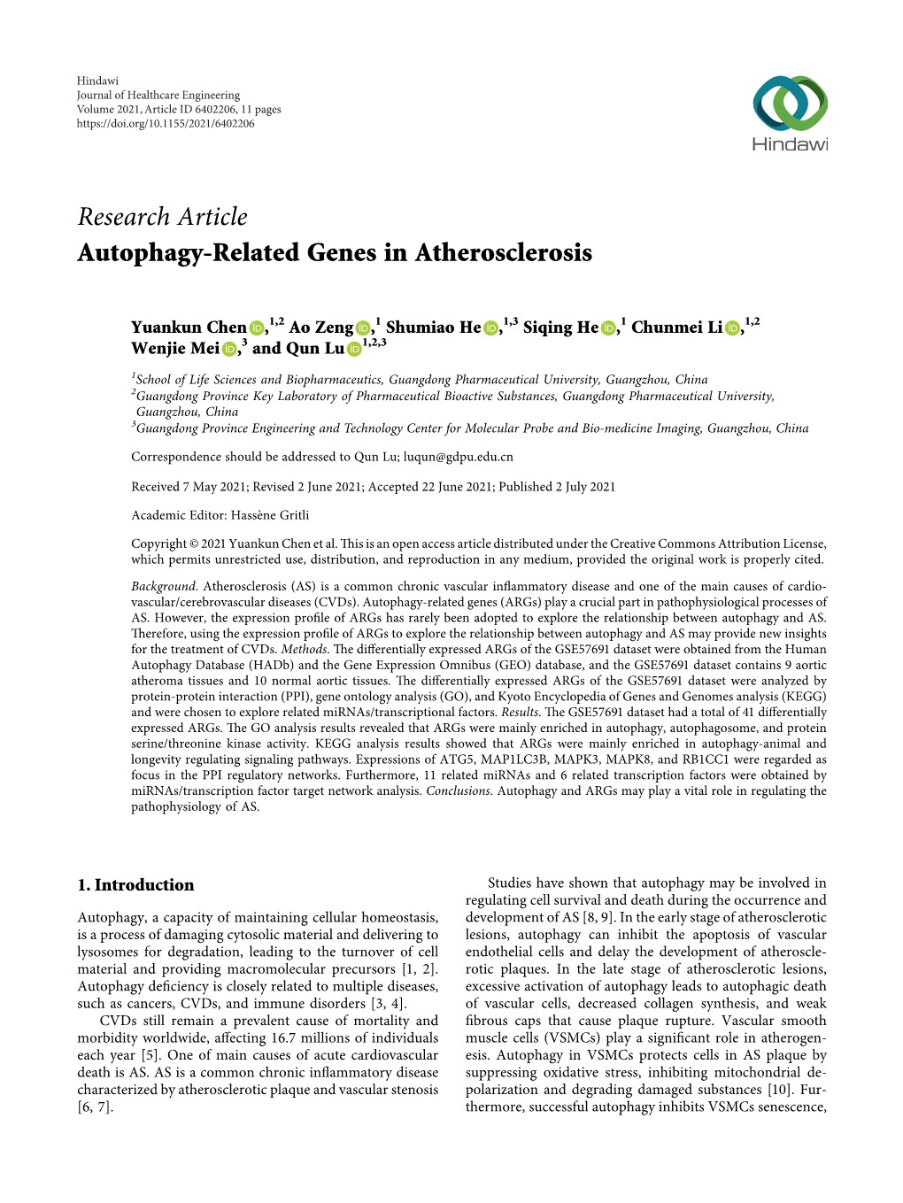 Autophagy-Related Genes in Atherosclerosis