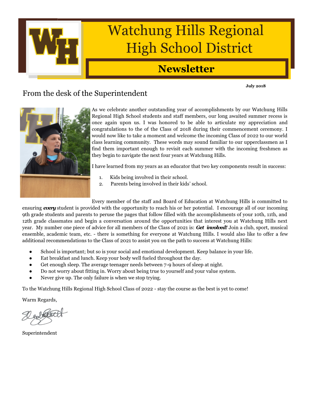 Watchung Hills Regional High School District Newsletter