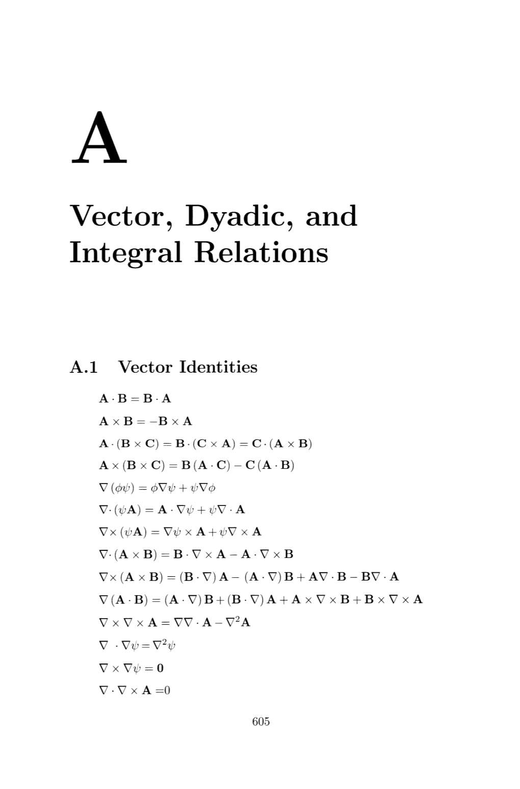 Vector, Dyadic, and Integral Relations