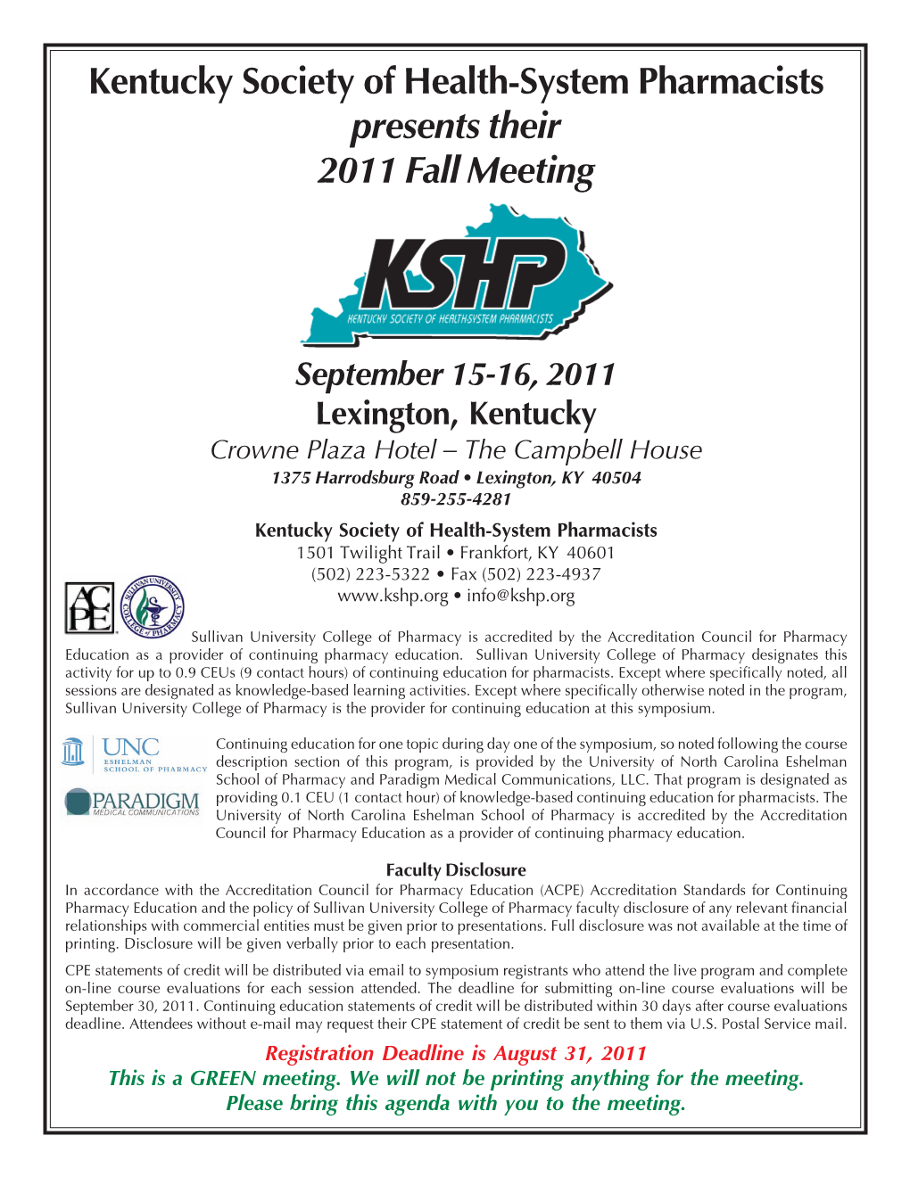 Kentucky Society of Health-System Pharmacists Presents Their 2011 Fall Meeting