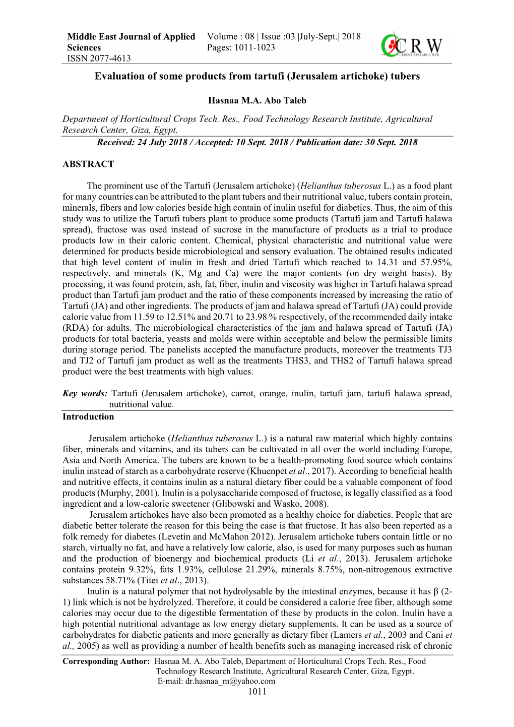 Evaluation of Some Products from Tartufi (Jerusalem Artichoke) Tubers