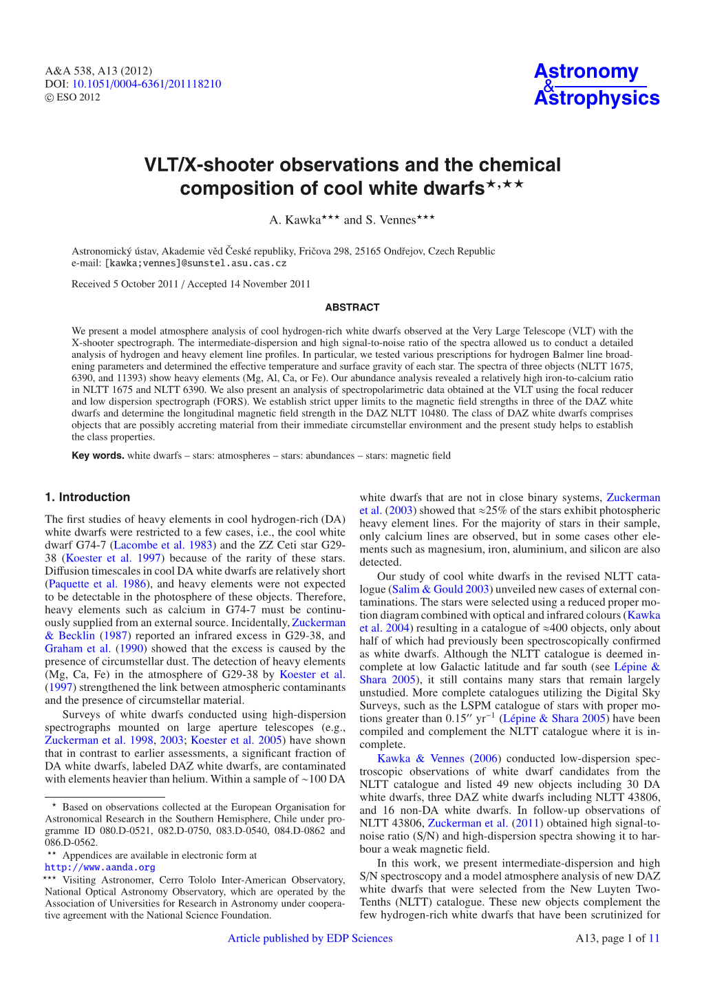 VLT/X-Shooter Observations and the Chemical Composition of Cool White Dwarfs�,