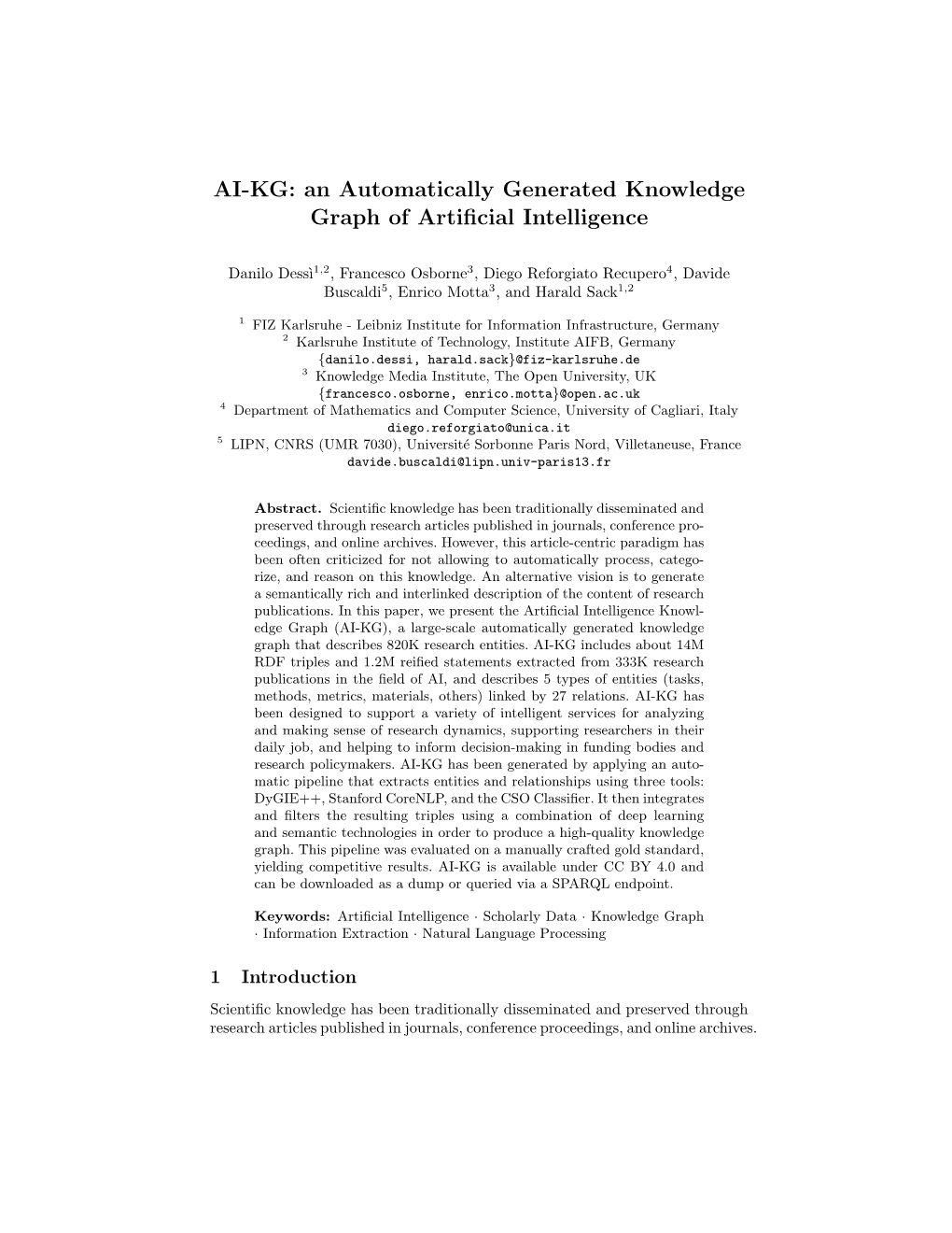 AI-KG: an Automatically Generated Knowledge Graph of Artificial Intelligence