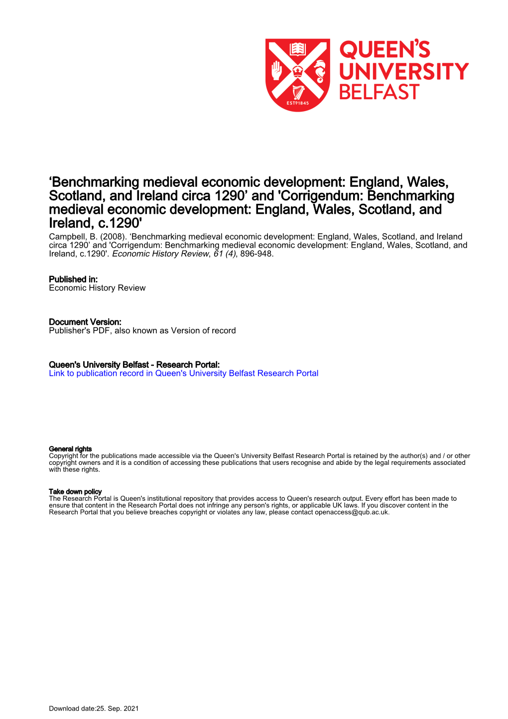 'Benchmarking Medieval Economic Development: England, Wales