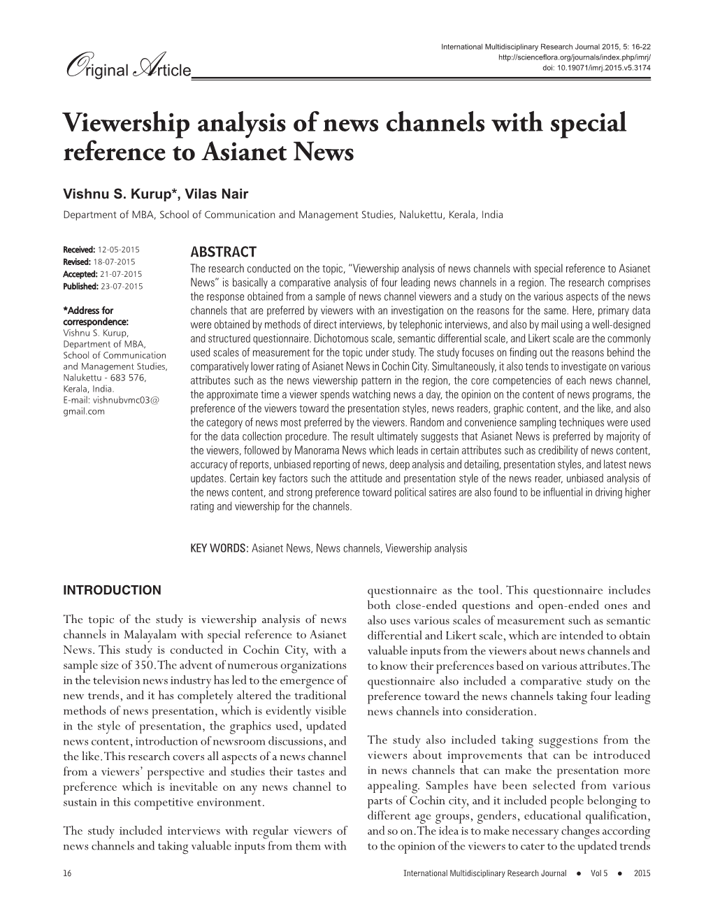 Viewership Analysis of News Channels with Special Reference to Asianet News