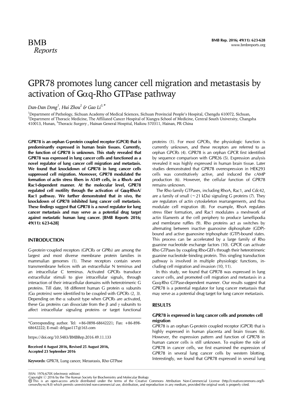 GPR78 Promotes Lung Cancer Cell Migration and Metastasis by Activation of Gαq-Rho Gtpase Pathway